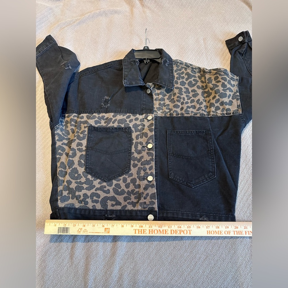 Leopard Patchwork Distressed Denim Jacket - Black/Tan, size L, NWOT - Picture 6 of 10